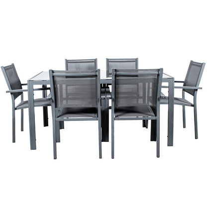 Set mesa comedor y 6 sillas aluminio y textileno 150x90x74 cm