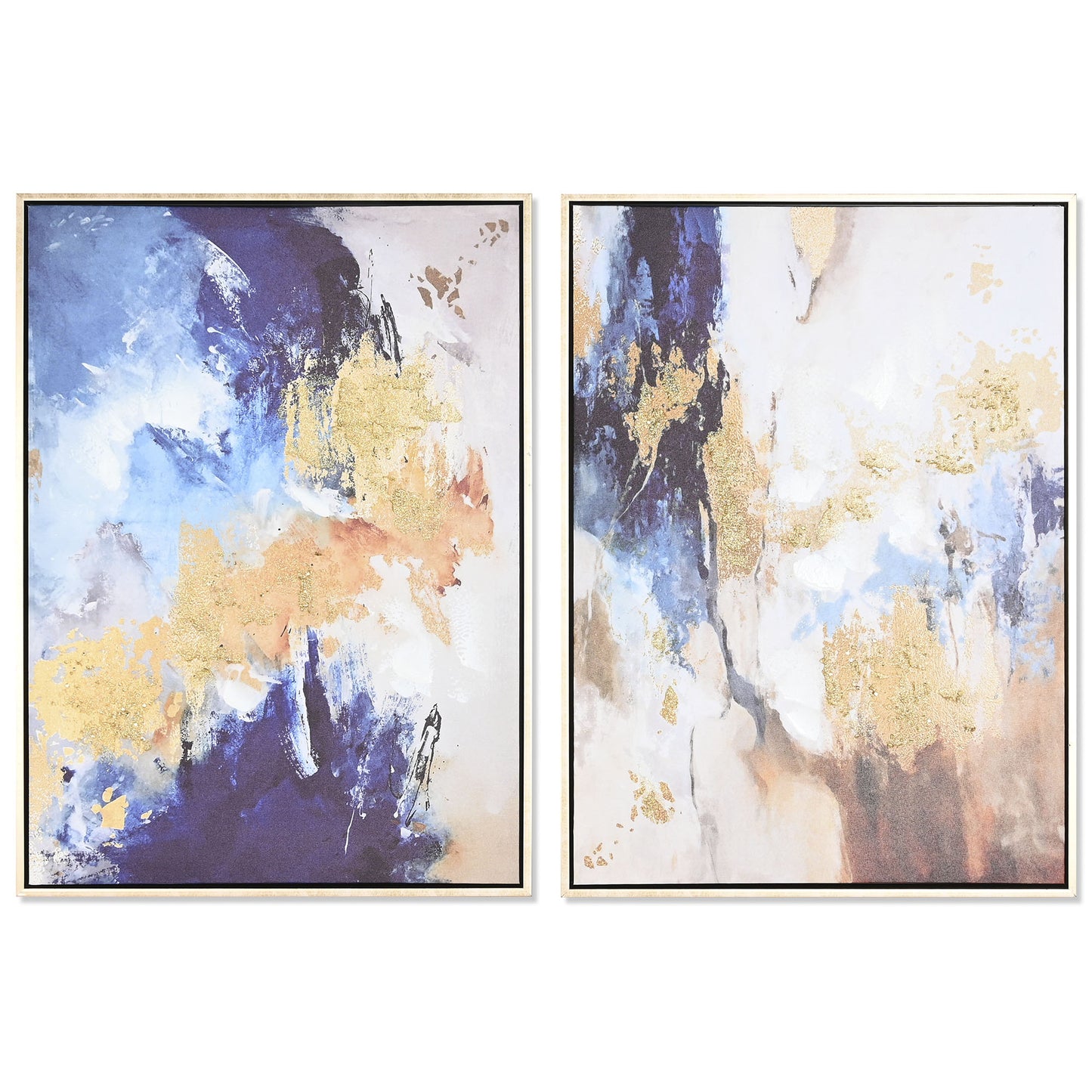 Este conjunto de dos cuadros abstractos aportará un toque de arte moderno y sofisticación a cualquier espacio. Con dimensiones de 52,5x2,8x72,5 cm cada uno, estas piezas destacan por su combinación de colores vibrantes, texturas y detalles en pan de oro. La composición abstracta invita a la interpretación personal y despierta la imaginación, convirtiéndose en un punto focal de conversación en cualquier ambiente.