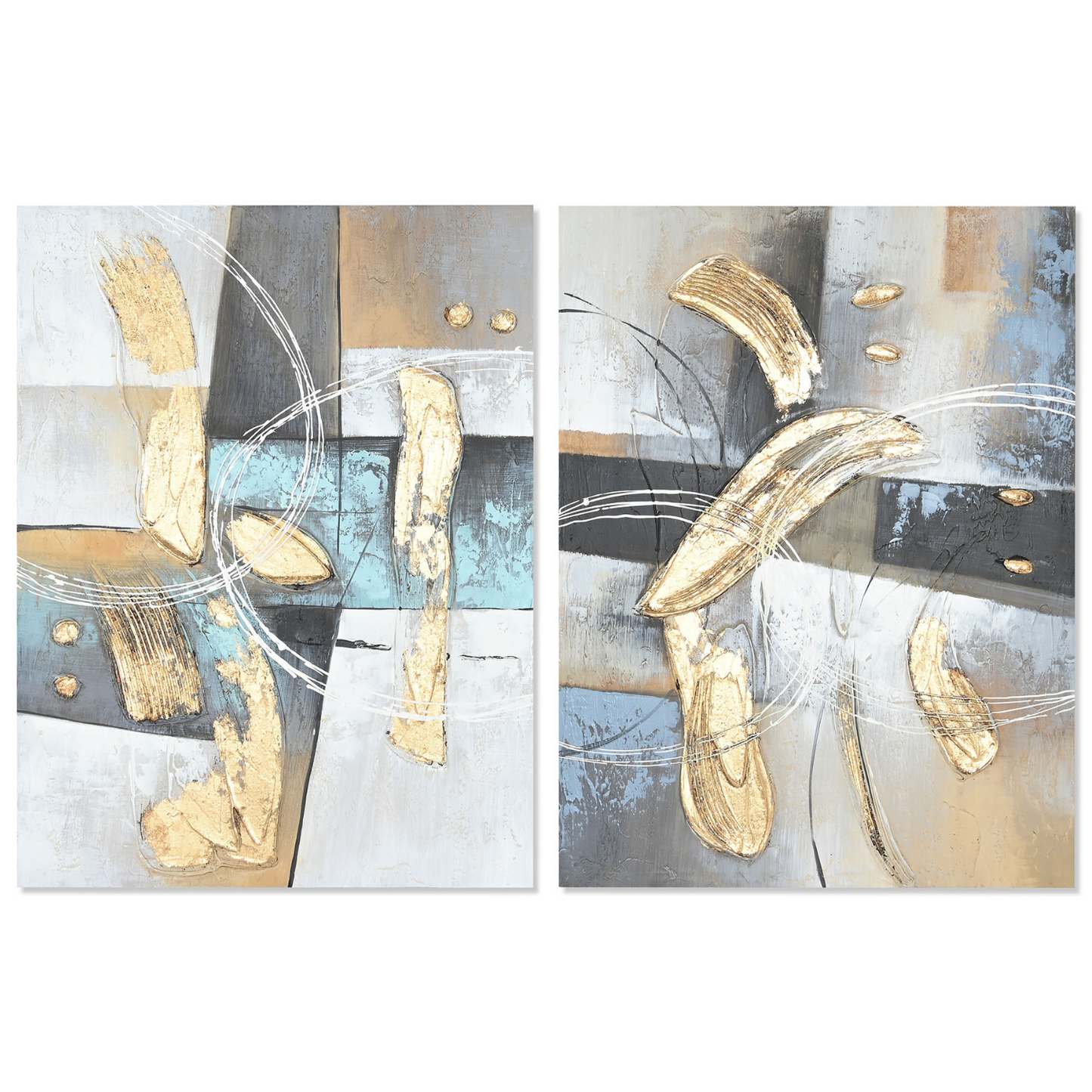 Set of 2 Abstract Paintings Gold Gray and Blue 60x80 cm