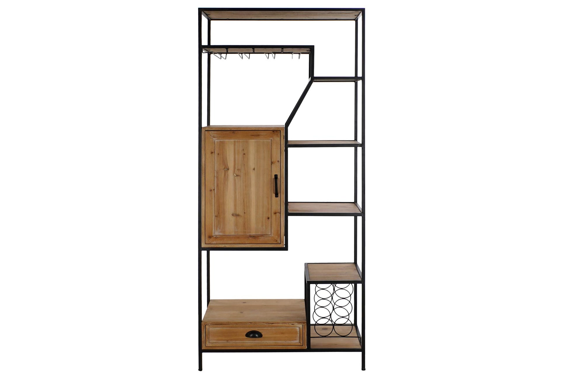 Esta estantería de estilo industrial combina la calidez de la madera de abeto con la robustez del hierro, creando un mueble funcional y con mucho carácter. Su diseño vertical, con múltiples estantes abiertos y un compartimento cerrado con puerta, ofrece un amplio espacio de almacenamiento y exhibición. Además, incorpora un botellero y un práctico cajón inferior, ideal para guardar botellas y accesorios. Perfecta para salones, cocinas o cualquier espacio que necesite un toque de estilo industrial y organizac