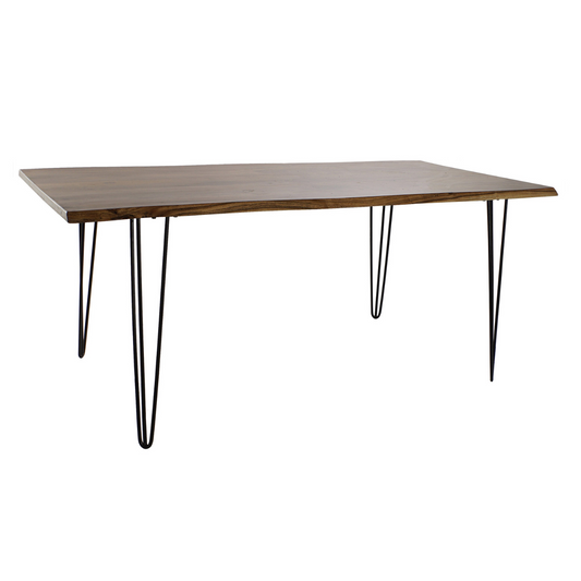 Esta mesa de comedor combina la belleza natural de la madera de acacia con la robustez del metal, creando un mueble de estilo industrial con un carácter único. Su diseño de líneas limpias y estructura de patas hairpin le da un aire moderno y minimalista. El tablero de madera de acacia maciza, con su acabado natural, aporta calidez y autenticidad a cualquier comedor. Con unas dimensiones de 180x91x76 cm, ofrece un amplio espacio para disfrutar de comidas en familia o con amigos.

