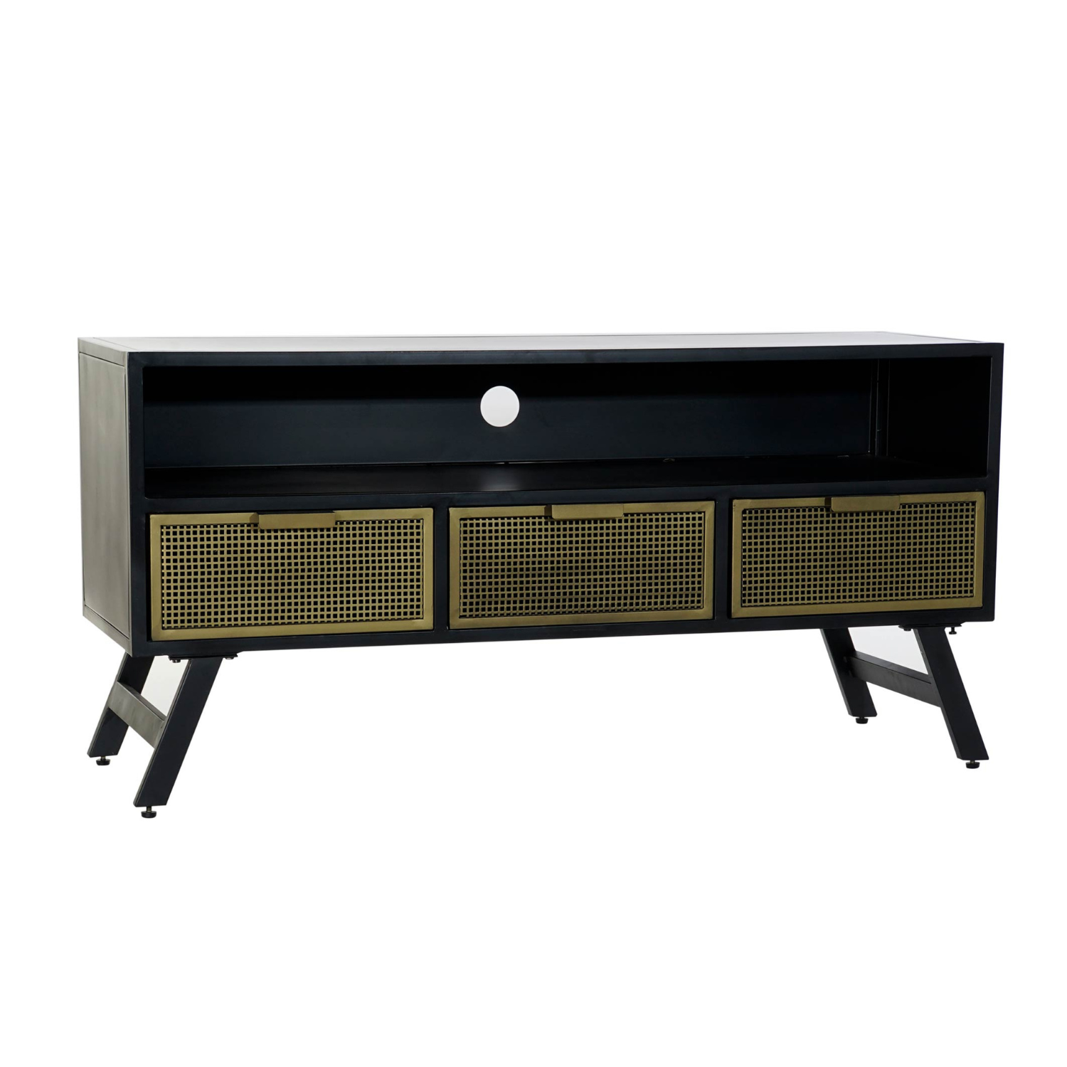 Este mueble de TV de estilo industrial combina la robustez del metal con detalles de rejilla y toques dorados, creando un aspecto moderno y sofisticado para tu salón. Su estructura metálica negra contrasta elegantemente con los tres cajones de rejilla y tiradores dorados, ofreciendo un espacio de almacenamiento práctico y con estilo. El diseño abierto permite una fácil organización de tus dispositivos electrónicos y cables, mientras que su tamaño compacto lo hace ideal para cualquier espacio.