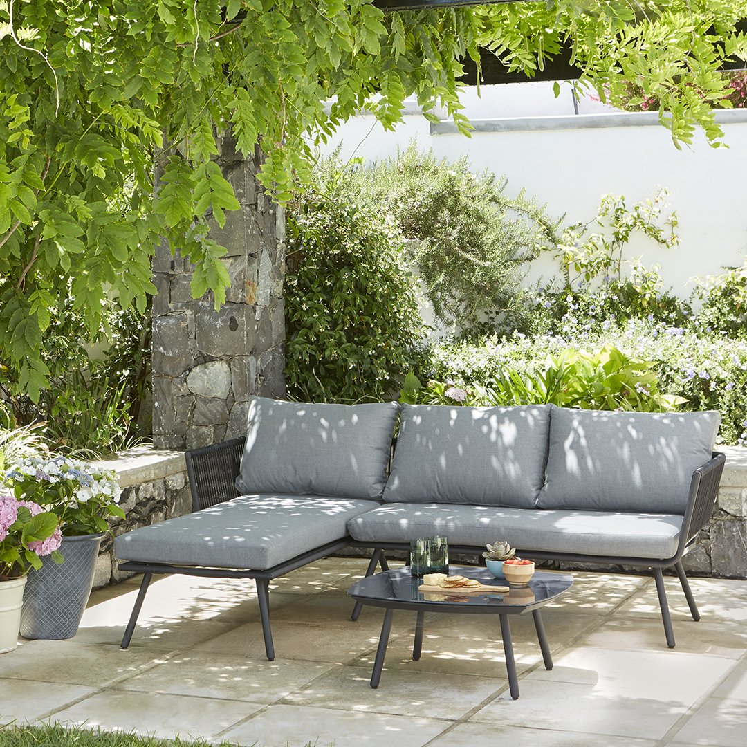 Conjunto de jardín mesa centro y chaise longue 196 cm de cuerda y aluminio 3 Plazas Hugo - Gris