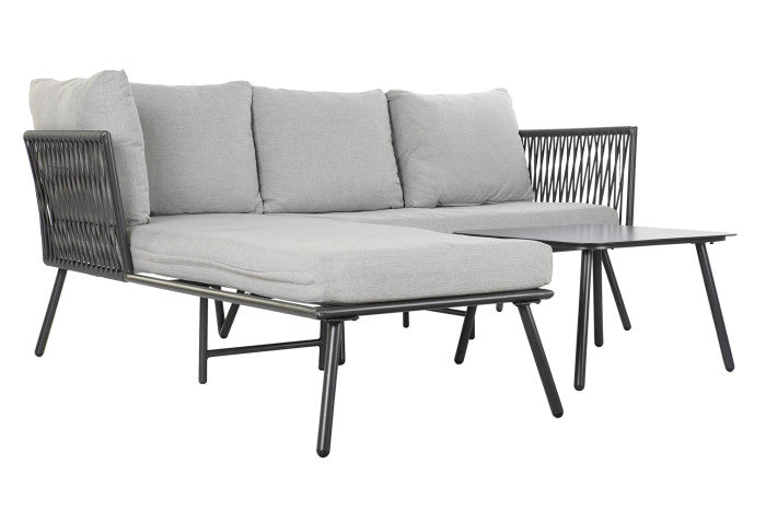 Conjunto de jardín mesa centro y chaise longue 196 cm de cuerda y aluminio 3 Plazas Hugo - Gris