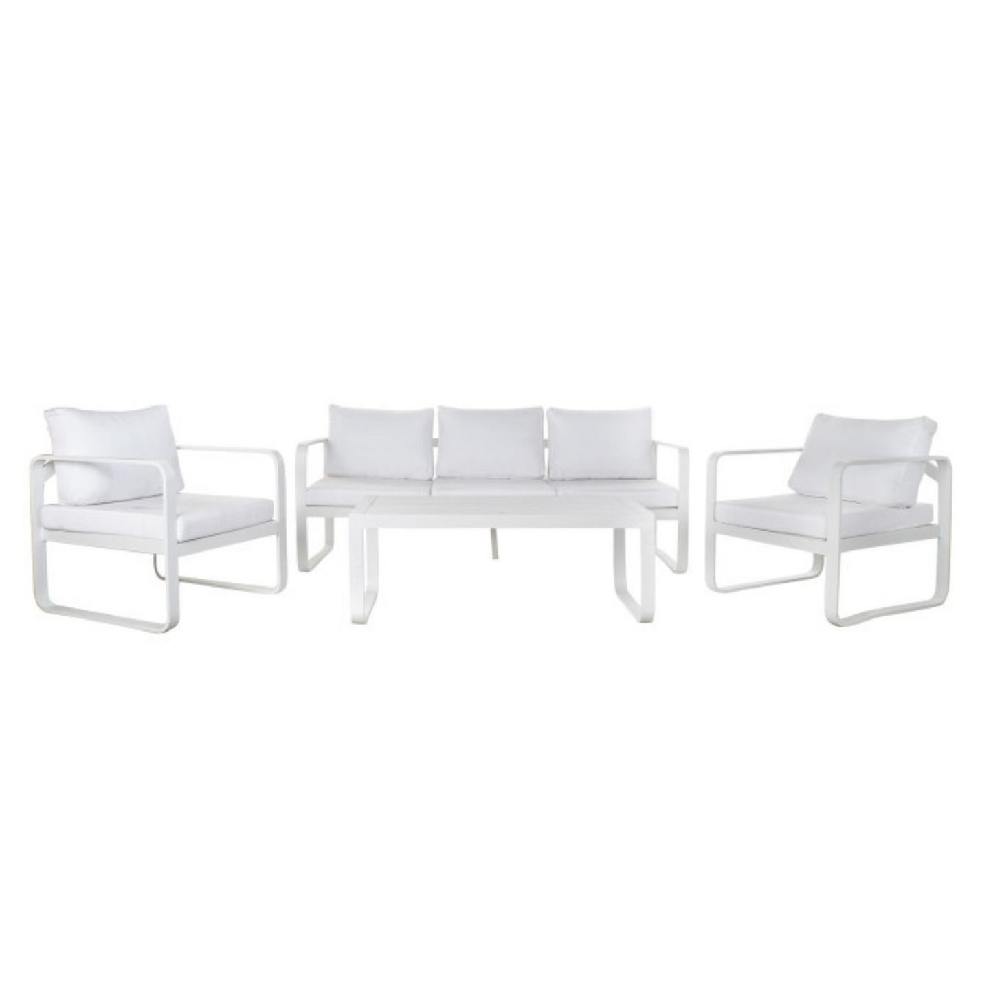 Disfruta de la elegancia y el confort al aire libre con este sofisticado conjunto de sofá de 4 piezas fabricado en aluminio resistente. Su diseño minimalista y moderno, en un impecable color blanco, aporta un toque de luminosidad y estilo a tu terraza o jardín. El conjunto incluye un sofá de tres plazas y dos sillones individuales, todos con cómodos cojines blancos para un relax absoluto. La estructura de aluminio garantiza durabilidad y resistencia a la intemperie, mientras que su diseño ligero facilita su