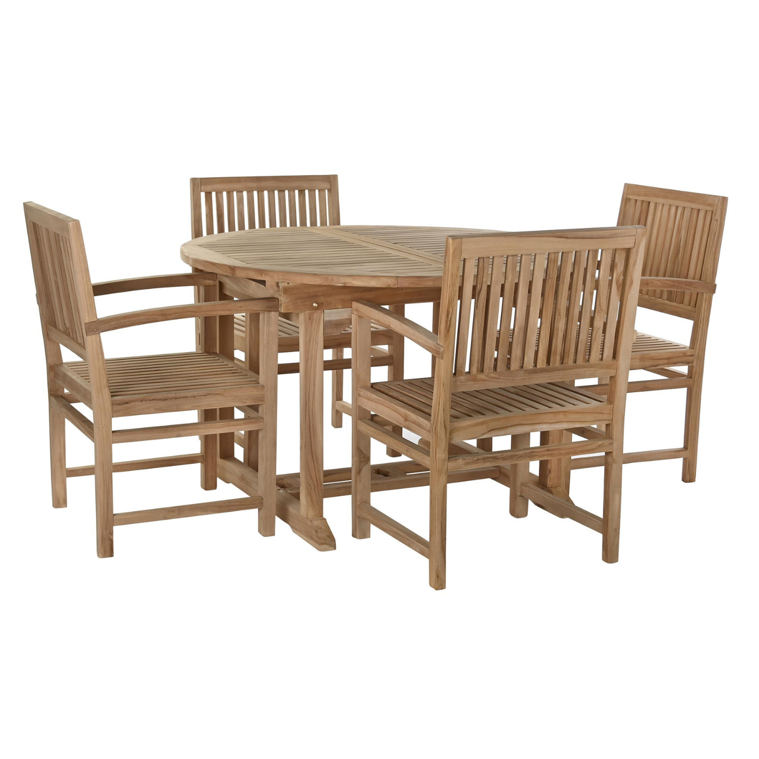 Disfruta de comidas al aire libre con estilo y comodidad con este conjunto de mesa de comedor y 4 sillas de teca maciza. Su diseño atemporal y elegante se integra a la perfección en cualquier ambiente exterior. La mesa redonda, extensible hasta 170 cm, se adapta fácilmente a tus necesidades, ofreciendo espacio para reuniones familiares o cenas íntimas. Las sillas, con respaldo alto y reposabrazos, brindan un confort excepcional. La madera de teca, conocida por su durabilidad y resistencia a la intemperie, g