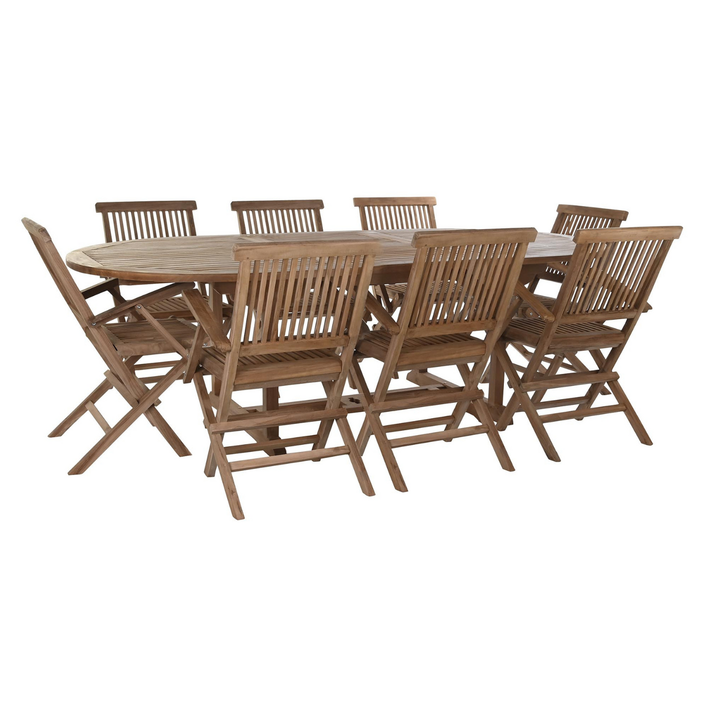 Disfruta de grandes reuniones al aire libre con este impresionante conjunto de comedor de 9 piezas fabricado en madera de teca maciza. Su diseño atemporal y elegante se integra a la perfección en cualquier ambiente exterior. La mesa ovalada, extensible hasta 240 cm, se adapta fácilmente a tus necesidades, ofreciendo espacio para grandes celebraciones o cenas íntimas. Las 8 sillas plegables, con respaldo alto, brindan un confort excepcional y facilitan su almacenamiento cuando no están en uso.