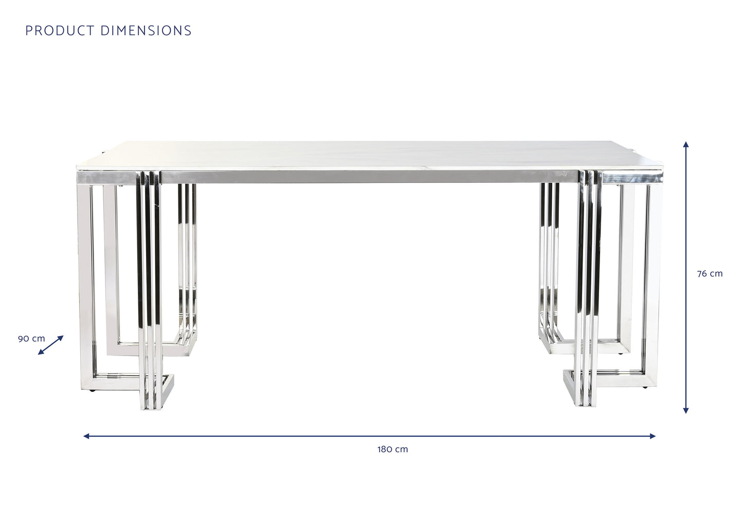 Esta mesa de comedor rectangular combina la elegancia atemporal del mármol con la modernidad del acero inoxidable en un diseño sofisticado y funcional. Su estructura de acero cromado, con líneas geométricas y ángulos pronunciados, crea un efecto visual impactante y contemporáneo. El tablero rectangular de cristal templado con efecto mármol ofrece una superficie resistente y fácil de limpiar, ideal para disfrutar de comidas en familia o con amigos. Con unas dimensiones de 180x90x76 cm, esta mesa es perfecta 