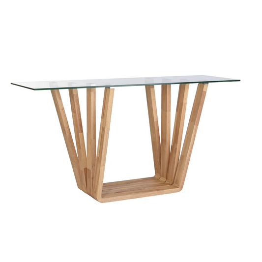 Esta consola de diseño contemporáneo combina la calidez de la madera natural con la transparencia del cristal, creando una pieza ligera y sofisticada para tu hogar. Su estructura de madera, con un diseño de líneas curvas y entrelazadas, aporta un toque de originalidad y dinamismo. El tablero de cristal templado de 8 mm de grosor ofrece una superficie resistente y fácil de limpiar, ideal para exhibir objetos decorativos o utilizar como superficie de apoyo. Perfecta para entradas, salones o dormitorios, esta 