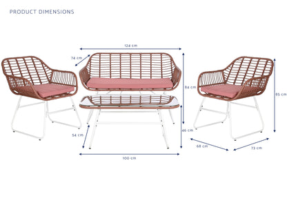 Conjunto de jardín 4 plazas. Mesa centro, sofá y 2 taburetes de ratán Jorge - Terracota