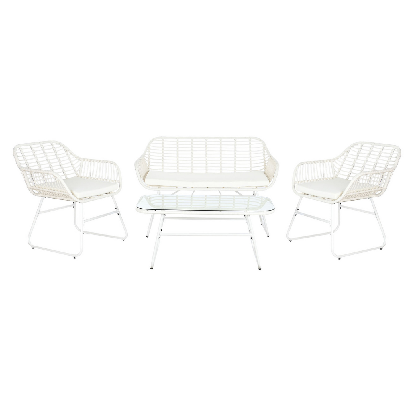 Disfruta de momentos de relax al aire libre con este elegante conjunto de sofá de 4 piezas en ratán sintético. Su diseño moderno y atemporal, combinado con el color blanco, aporta un toque de frescura y luminosidad a tu terraza o jardín. El conjunto incluye un sofá de dos plazas, dos sillones individuales y una mesa de centro con tablero de cristal, todos con cómodos cojines incluidos. La estructura de ratán sintético es resistente a la intemperie y fácil de limpiar, garantizando durabilidad y un aspecto im