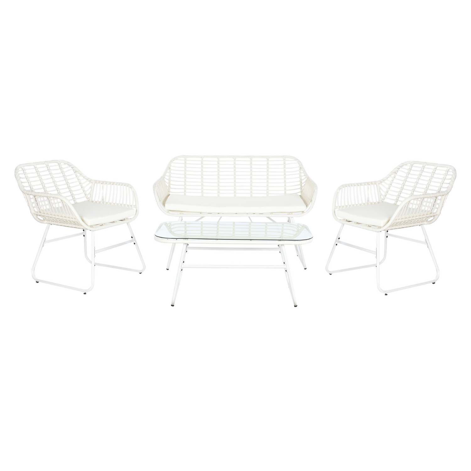 Disfruta de momentos de relax al aire libre con este elegante conjunto de sofá de 4 piezas en ratán sintético. Su diseño moderno y atemporal, combinado con el color blanco, aporta un toque de frescura y luminosidad a tu terraza o jardín. El conjunto incluye un sofá de dos plazas, dos sillones individuales y una mesa de centro con tablero de cristal, todos con cómodos cojines incluidos. La estructura de ratán sintético es resistente a la intemperie y fácil de limpiar, garantizando durabilidad y un aspecto im