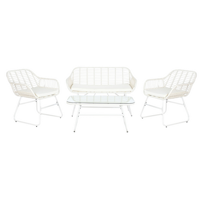 Disfruta de momentos de relax al aire libre con este elegante conjunto de sofá de 4 piezas en ratán sintético. Su diseño moderno y atemporal, combinado con el color blanco, aporta un toque de frescura y luminosidad a tu terraza o jardín. El conjunto incluye un sofá de dos plazas, dos sillones individuales y una mesa de centro con tablero de cristal, todos con cómodos cojines incluidos. La estructura de ratán sintético es resistente a la intemperie y fácil de limpiar, garantizando durabilidad y un aspecto im