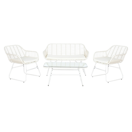 Disfruta de momentos de relax al aire libre con este elegante conjunto de sofá de 4 piezas en ratán sintético. Su diseño moderno y atemporal, combinado con el color blanco, aporta un toque de frescura y luminosidad a tu terraza o jardín. El conjunto incluye un sofá de dos plazas, dos sillones individuales y una mesa de centro con tablero de cristal, todos con cómodos cojines incluidos. La estructura de ratán sintético es resistente a la intemperie y fácil de limpiar, garantizando durabilidad y un aspecto im