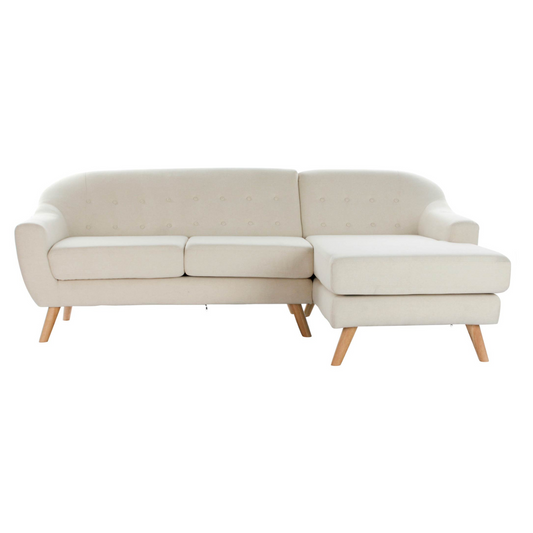 Este elegante sofá chaise longue combina a la perfección el estilo retro con la comodidad contemporánea. Tapizado en poliéster de color crema, presenta un capitoné detallado que aporta un toque de sofisticación. Su estructura de madera de caucho garantiza durabilidad y estabilidad, mientras que sus dimensiones generosas (226x144x84 cm) lo hacen perfecto para espacios amplios y acogedores. La chaise longue te permite estirar las piernas y relajarte por completo. Ideal para crear un ambiente refinado y acoged