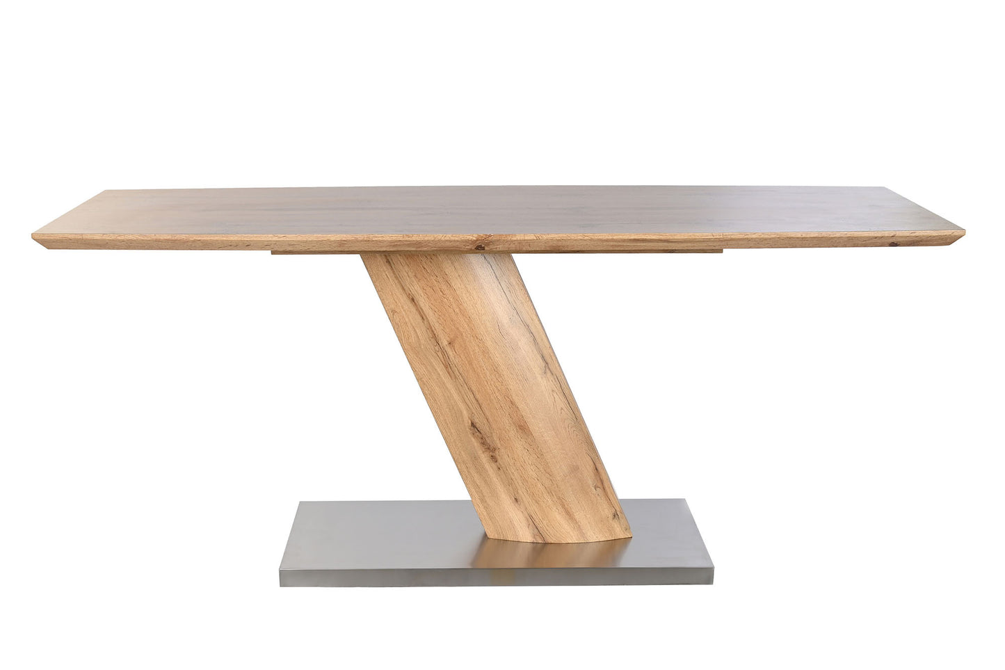 Esta mesa de comedor rectangular combina la calidez de la madera con la modernidad del acero inoxidable, creando un ambiente acogedor y sofisticado en tu hogar. Su tablero de MDF con acabado en marrón natural aporta un toque rústico y elegante, mientras que su original base de acero inoxidable en forma de "T" le da un aire contemporáneo y dinámico. Con unas dimensiones de 180x80x76 cm, esta mesa ofrece un amplio espacio para disfrutar de comidas en familia o con amigos.

