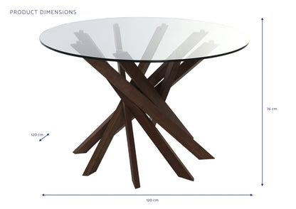 Esta impresionante mesa de comedor combina la calidez de la madera de nogal con la elegancia y transparencia del cristal, creando un ambiente sofisticado y luminoso en tu hogar. Su diseño contemporáneo, con una base escultural de madera de nogal y un tablero circular de cristal templado de 12 mm de grosor, aporta un toque de distinción a cualquier comedor. Con unas dimensiones de 120x120x76 cm, esta mesa es perfecta para espacios medianos, fomentando la conversación y la cercanía entre los comensales.