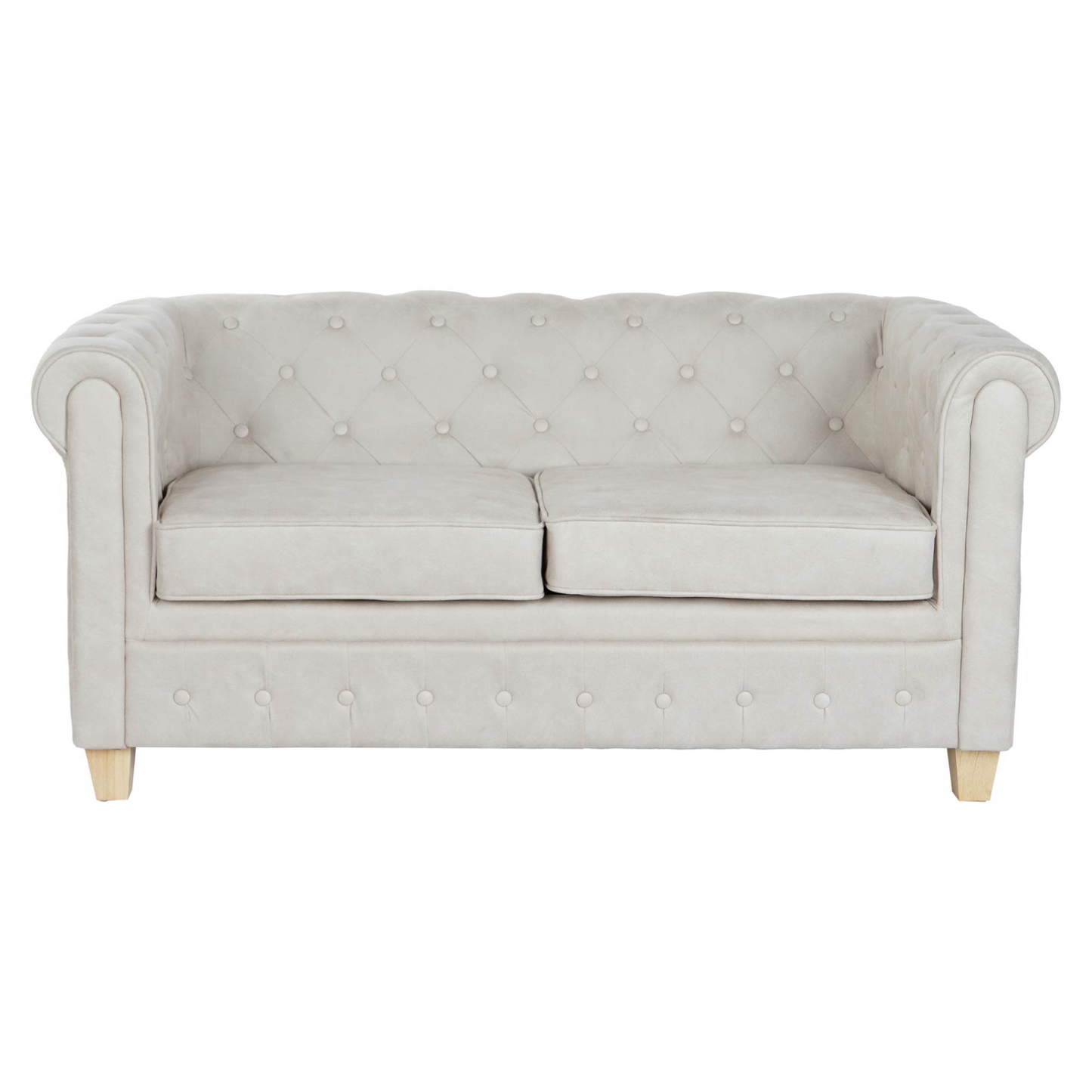 Este sofá Chesterfield de dos plazas aporta un toque de distinción y sofisticación a cualquier espacio. Tapizado en poliéster blanco con un elegante diseño capitoné, este sofá combina a la perfección el estilo clásico con la comodidad moderna. Su estructura de madera garantiza durabilidad y resistencia, mientras que sus dimensiones compactas (151x80x70 cm) lo hacen ideal para espacios más reducidos sin sacrificar el estilo.