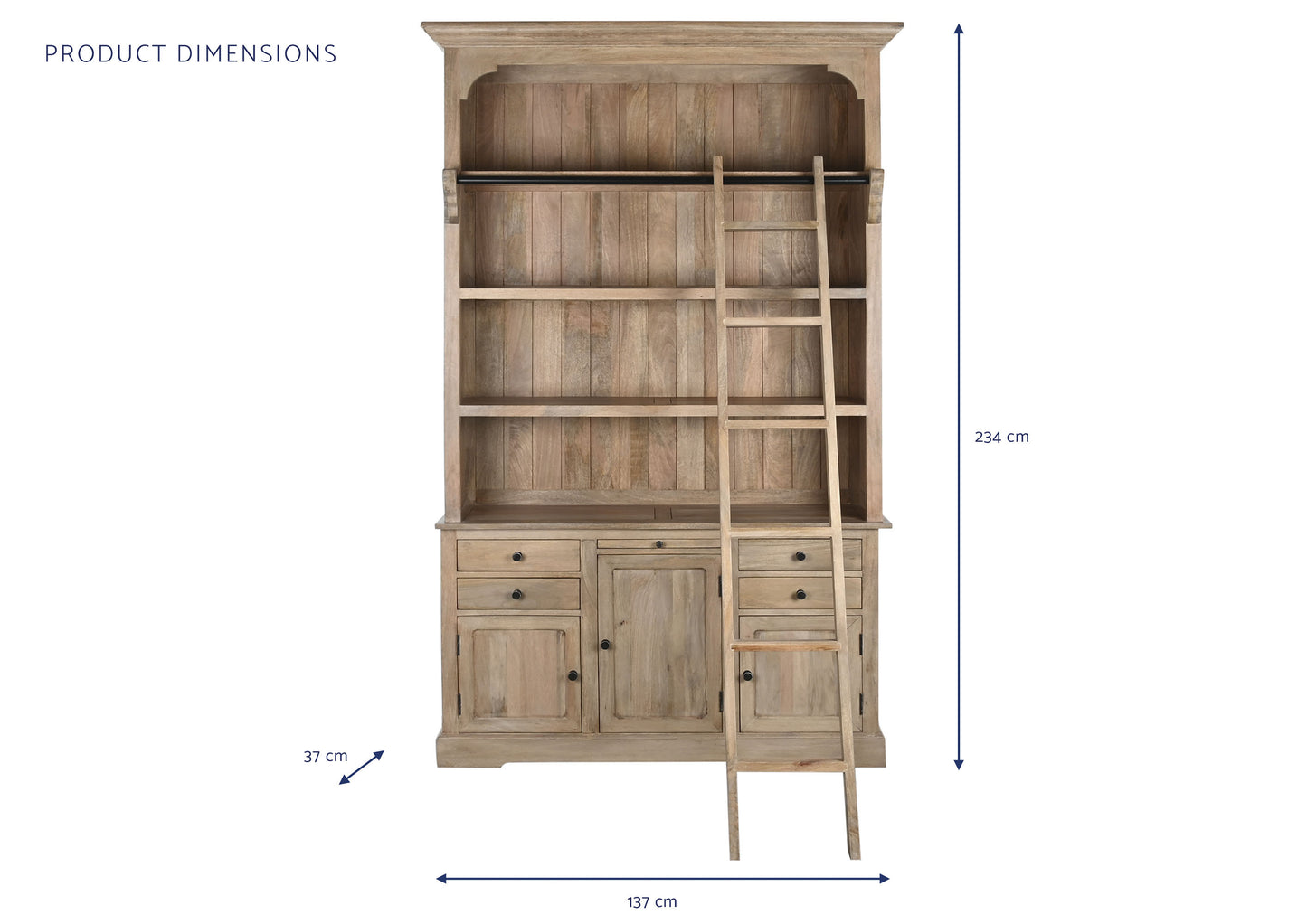 Esta impresionante estantería de madera de mango combina a la perfección funcionalidad y estilo rústico. Su diseño imponente, con múltiples estantes abiertos y una escalera deslizante, te ofrece un amplio espacio de almacenamiento y exhibición para libros, objetos decorativos y mucho más. La escalera no solo añade un toque práctico, sino que también realza el carácter único de esta pieza. El acabado marrón natural de la madera de mango aporta calidez y autenticidad a cualquier espacio, ya sea en el salón, e