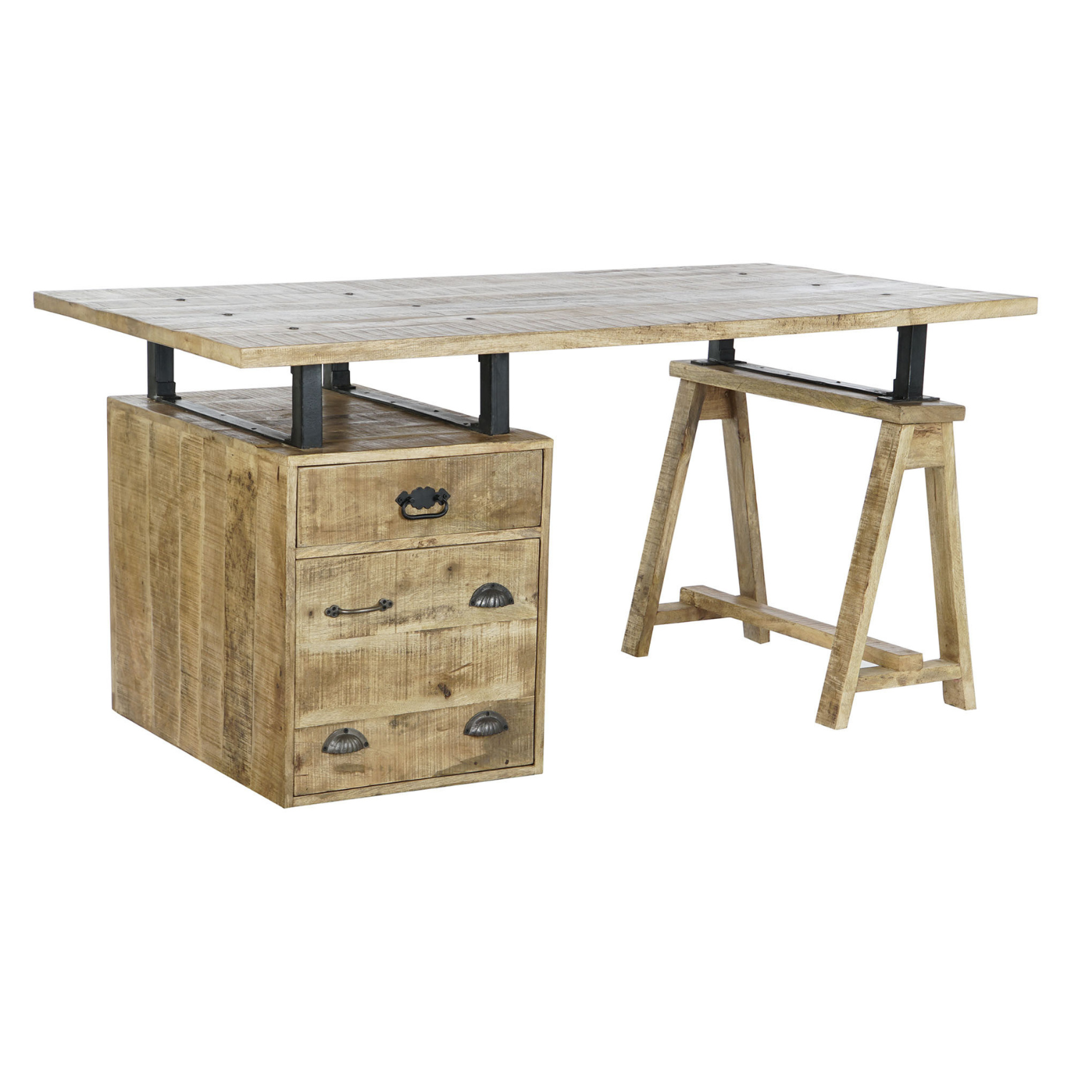 Este escritorio de estilo industrial combina a la perfección la calidez de la madera de mango natural con la robustez del metal. Su diseño único, con una estructura de caballete en metal y un amplio tablero de madera, ofrece un espacio de trabajo funcional y con mucho carácter. El cajón lateral proporciona un almacenamiento práctico para mantener el orden en tu área de trabajo. Ideal para oficinas en casa, estudios o cualquier espacio que necesite un toque de estilo industrial y funcionalidad.