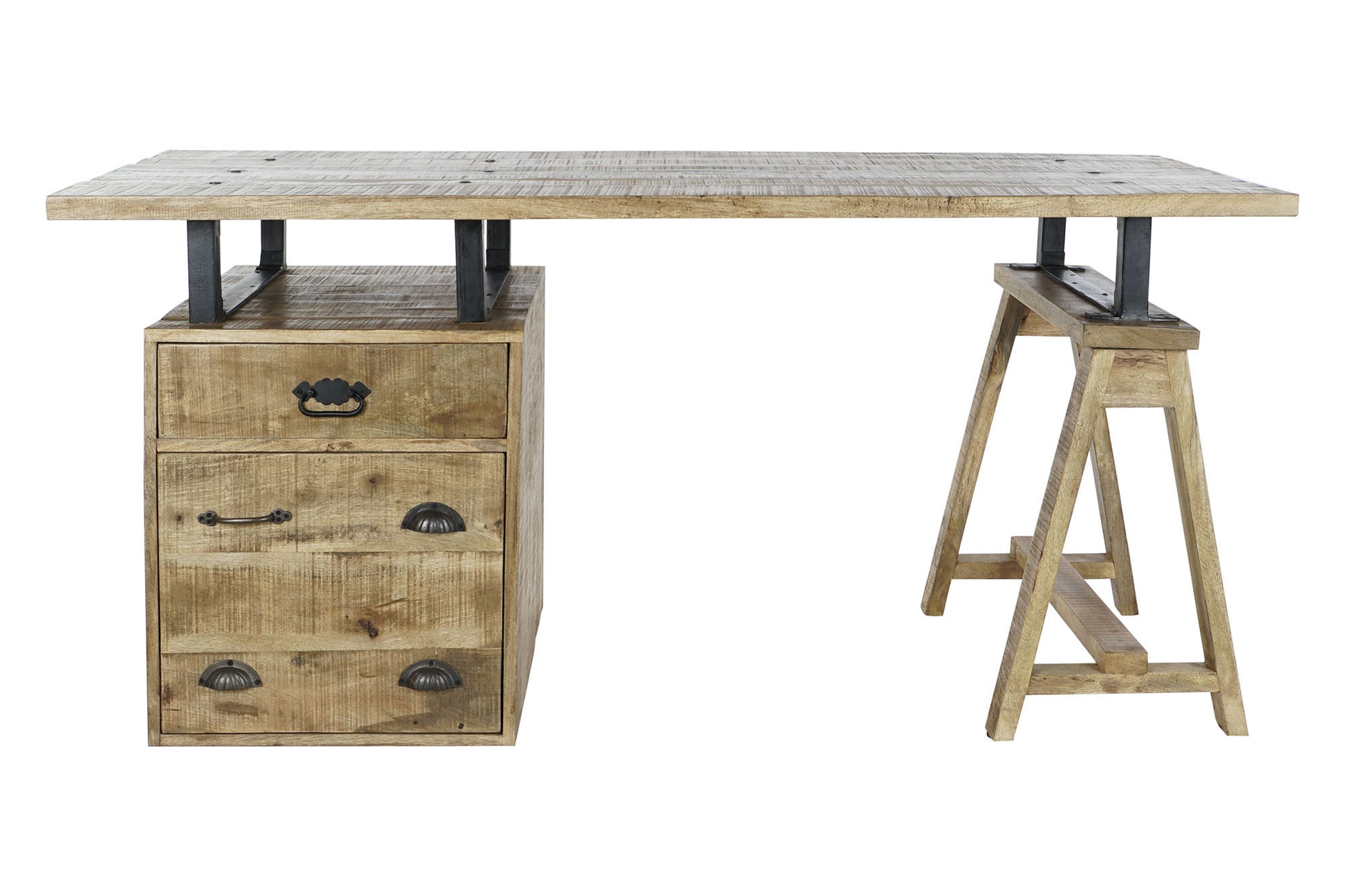 Este escritorio de estilo industrial combina a la perfección la calidez de la madera de mango natural con la robustez del metal. Su diseño único, con una estructura de caballete en metal y un amplio tablero de madera, ofrece un espacio de trabajo funcional y con mucho carácter. El cajón lateral proporciona un almacenamiento práctico para mantener el orden en tu área de trabajo. Ideal para oficinas en casa, estudios o cualquier espacio que necesite un toque de estilo industrial y funcionalidad.