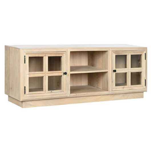 Este mueble de TV de estilo rústico aportará un toque de calidez y elegancia a tu salón. Fabricado en madera de mango maciza, destaca por su acabado natural que resalta la belleza de la veta de la madera. Cuenta con dos puertas de cristal con cuarterones que permiten ver el interior, ideal para guardar tus dispositivos electrónicos y otros objetos. Además, dispone de un estante central abierto para colocar libros, revistas o elementos decorativos. Su diseño atemporal y funcional se adapta a cualquier estilo