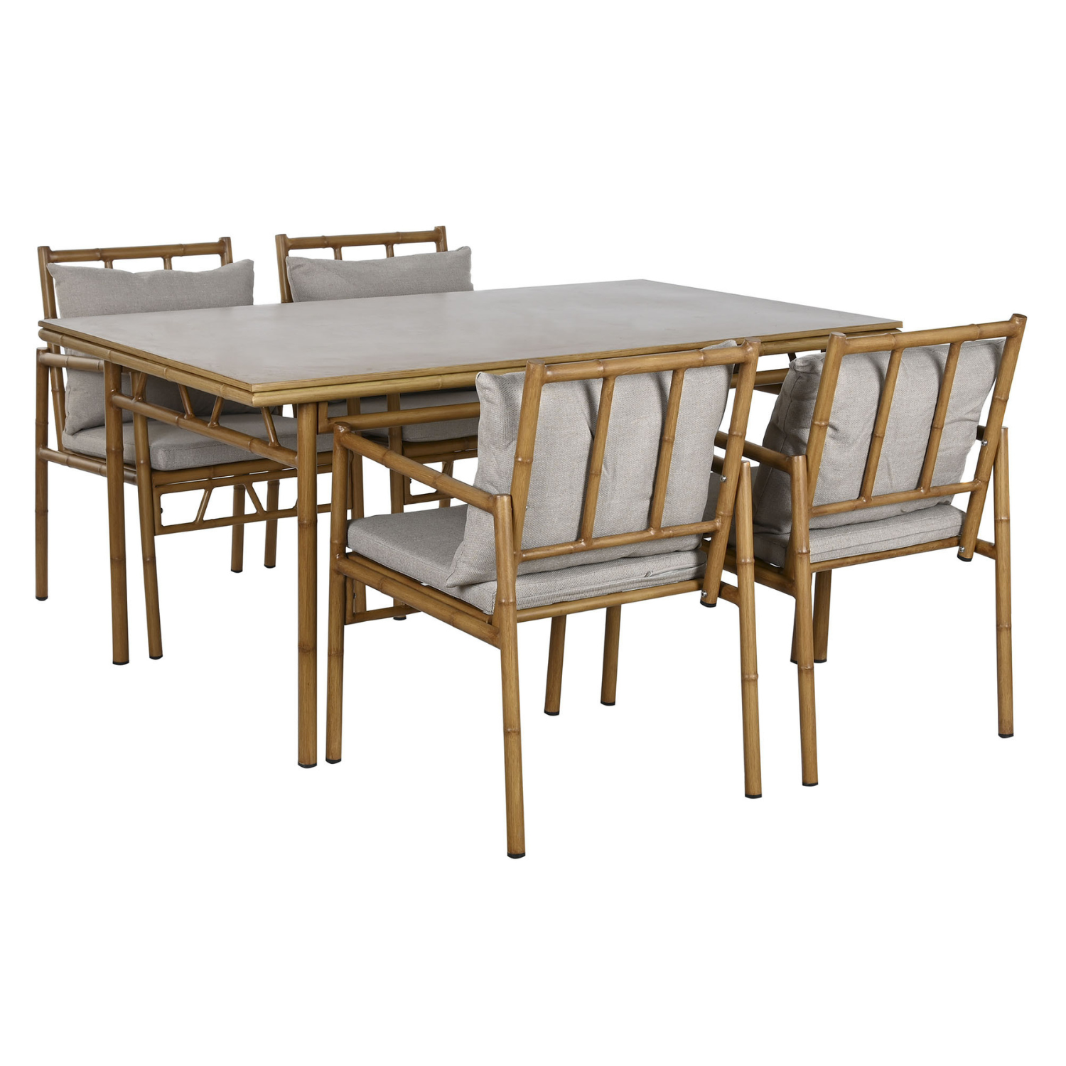 Disfruta de tus comidas al aire libre con estilo y comodidad gracias a este conjunto de comedor de 5 piezas. Su diseño inspirado en el bambú aporta un toque exótico y natural a tu terraza o jardín. La mesa rectangular, fabricada en aluminio resistente, ofrece un amplio espacio para compartir deliciosas comidas en compañía. Las cuatro sillas, también de aluminio, cuentan con cómodos cojines para un mayor confort. Este conjunto es perfecto para crear un ambiente relajado y acogedor en tu espacio exterior.