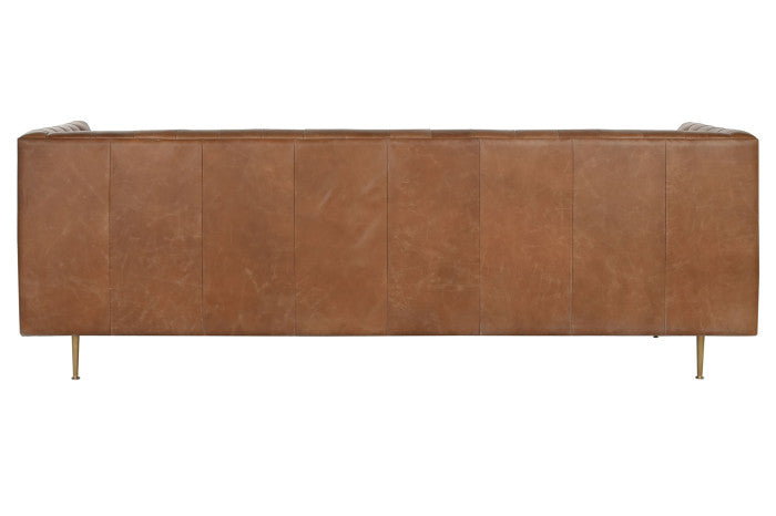 Sofá Chester de Piel Cognac con Patas Doradas (209x77x74 cm)