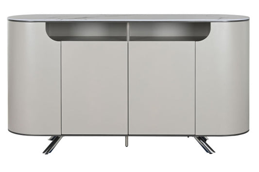 Compra online este buffet de mármol y acero con acabado beige (150x40x86 cm). Diseño moderno y funcional para tu comedor. ¡Envío rápido y gratuito!